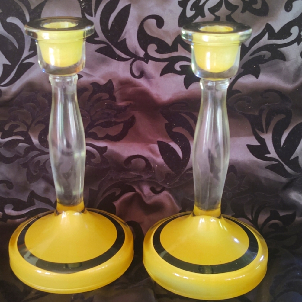 MCM Yellow and Black Glass Candle Holders